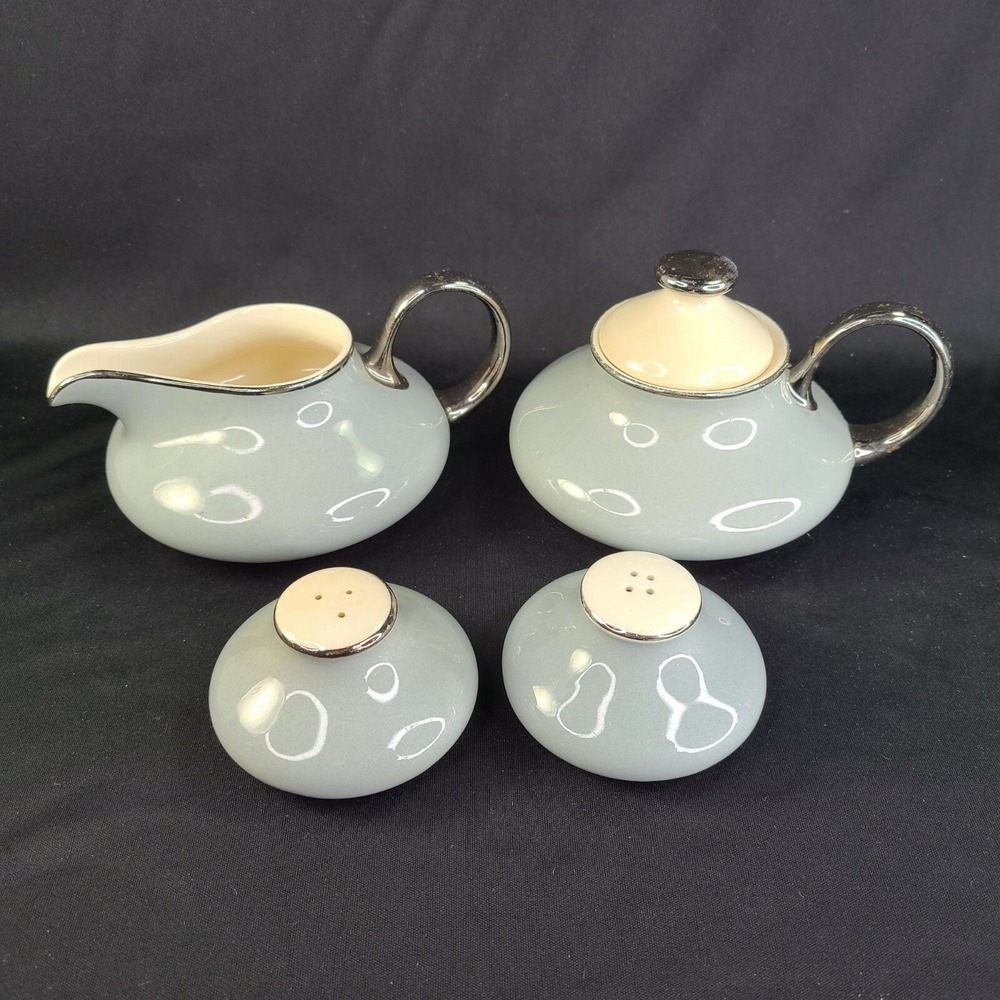 Harker Pottery Sugar Bowl Creamer S P Shakers MCM Slender Gray Platinum Vtg READ